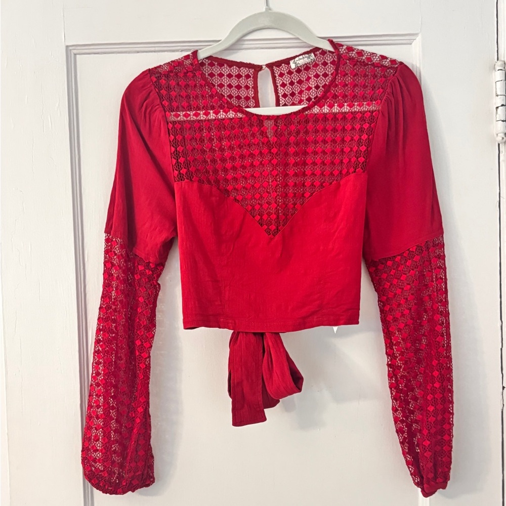 Free People Intimately Red Crochet Lace Long Sleeve Tie-Back Crop Top (M)